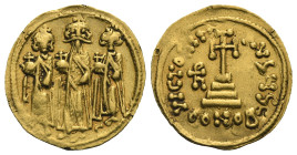 Heraclius, Heraclius Constantine and Heraclonas, 610-641. Solidus (Gold, 19.80 mm, 4.47 g). Constantinopolis, 6th officina, 640-41. Heraclius, with lo...