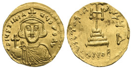 Justinian II, first reign, 685-695. Solidus (Gold, 21.02 mm, 4.28 g) Constantinopolis, 687-692. D IЧSτΙΝΙΑ ΝЧS PЄ AV Bust of Iustinianus facing, weari...