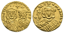 Constantine V Copronymus, with Leo IV and Leo III, 751-775. Solidus (Gold, 18.41 mm, 4.31 g). Constantinopolis, 751-756. COҺSAҺƮIҺOS S LЄOҺ O ҺЄOS Cro...