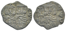 Constantine V Copronymus, with Leo IV and Leo III, 751-775. Follis (Bronze, 19.47 mm, 2.31 g). Syracuse, 751-775. K ΛЄ[ωN] Constantine and Leo IV stan...