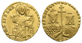 Basil I the Macedonian with Constantine, 867-886. Solidus (Gold, 18.40 mm, 4.41 g) Constantinopolis, circa 871-886. IhS XRS REX REGNANTIUM✱ Christ, ni...