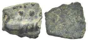 Roman Empire. Time of Tiberius, circa 22-37. Shipping Tessera (Bronze, 13.41 mm, 1.47 g). Ostia region. Two men in boat rowing right; MPV above. Rev. ...