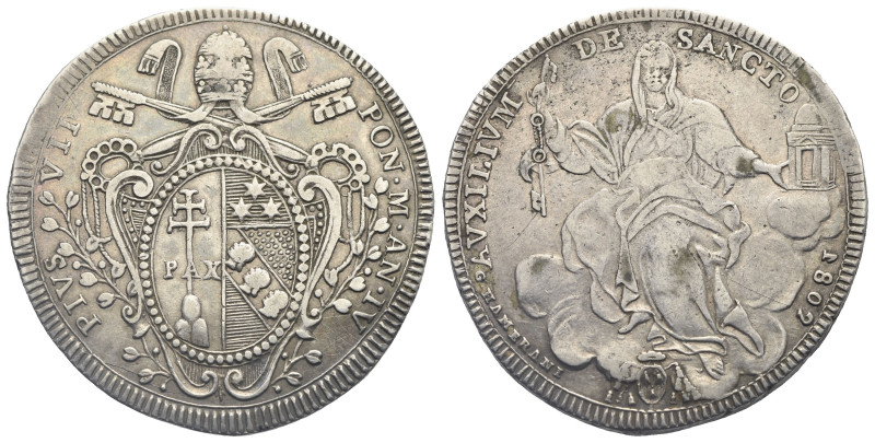 ITALY. Papal State. Pio VII (Barnaba Chiaramonti), 1800-1823. Scudo 1818 (Silver...