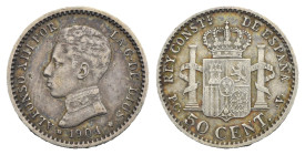 SPAIN. Alfonso XIII, 1885-1931. 50 Centimos, 1904 *1-0* PCV (Silver, 17.99 mm, 2.49 g). Madrid, 4th portrait. ALFONSO XIII POR LA G. DE DIOS * 1904 * ...