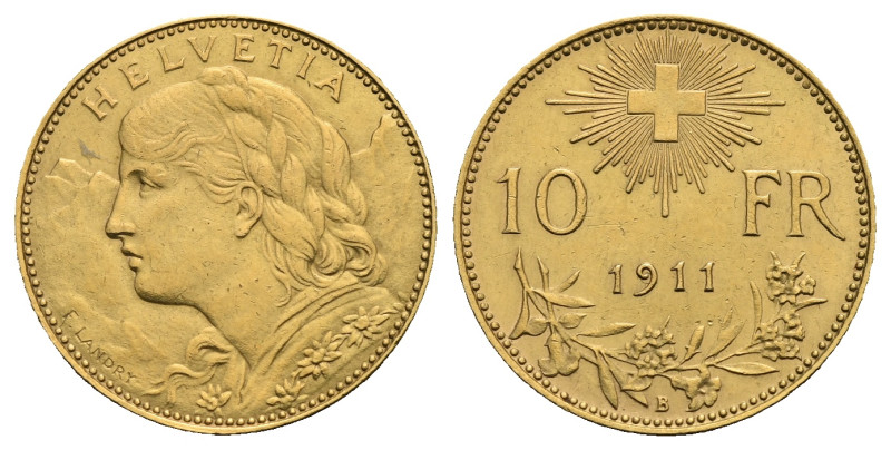 SWITZERLAND. 10 Francs 1911-B (Gold, 19.03 mm, 3.22 g). Bern. HELVETIA Bust of y...