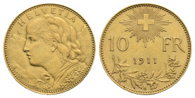 SWITZERLAND. 10 Francs 1911-B (Gold, 19.03 mm, 3.22 g). Bern. HELVETIA Bust of young woman from Oberhasli facing left, with braided hair and a garland...