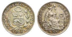 PERU. Republic. 1/2 Dinero 1916-FG (Silver, 15.01 mm, 1.25 g). Lima. REPUB:PERUANA LIMA 9D:FINO F.G. Coat of arms surrounded by issuer name; date 1916...