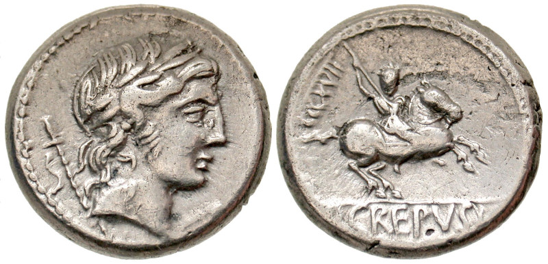 "P. Crepusius. 82 B.C. AR denarius (17.5 mm, 3.71 g, 7 h). Rome mint. Laureate h...