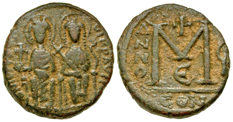 "Justin II. 565-578. AE follis (26.7 mm, 11.85 g, 6 h). Constantinople mint, dat...