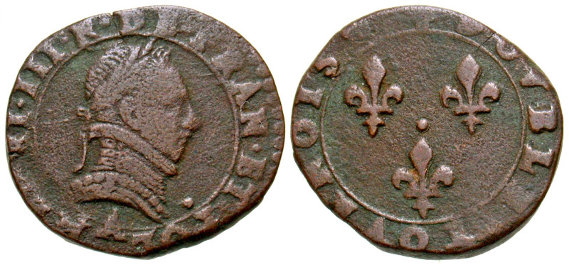 "France. Henri III. 1574-1589. AE double tournois (19.1 mm, 3.09 g, 11 h). Paris...