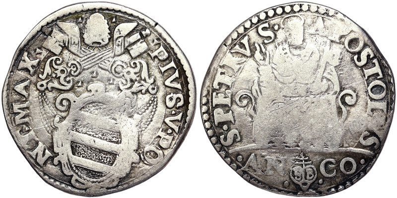 Pio V (1566-1572), Ancona, Testone, n.d., Rare, Variant. Ag. 9,26 g, Berman 1105...