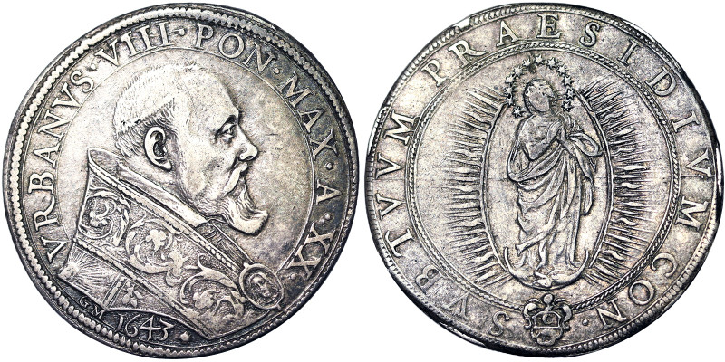 Urbano VIII (1623-1644), Rome, Piastra, 1643, Very rare, Year XX. Ag. 31,95 g, B...