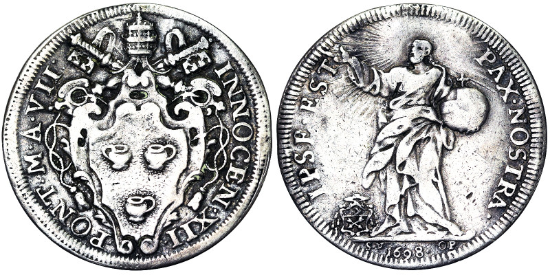 Innocenzo XII (1691-1700), Rome, Testone, 1698, Rare, Year VII. Ag. 8,77 g, Slig...