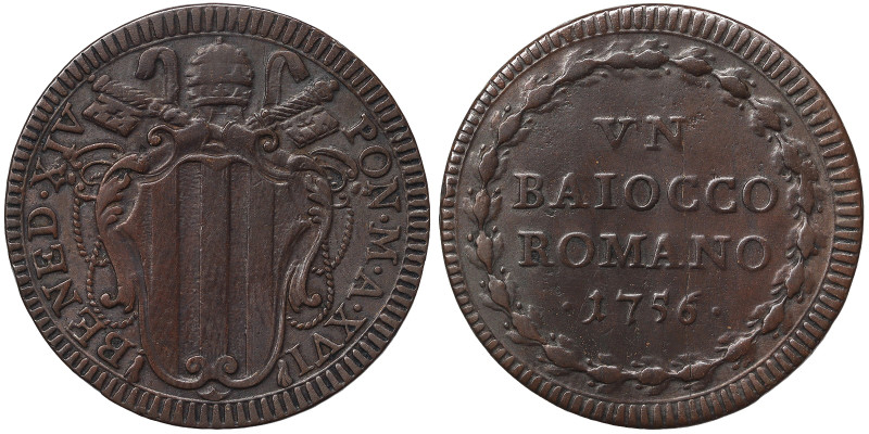 Benedetto XIV (1740-1758), Rome, 1 Baiocco, 1756, Year XVI. Cu. 12,72 g, Muntoni...