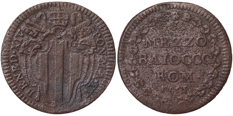 Benedetto XIV (1740-1758), Rome, 1/2 Baiocco, 1755, Year XV. Cu. 4,65 g, Muntoni...