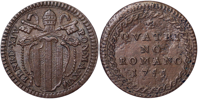 Benedetto XIV (1740-1758), Rome, Quattrino, 1755, Year XVI. Cu. 2,40 g, Muntoni ...