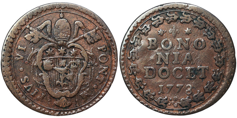 Pio VI (1775-1799), Bologna, Quattrino, 1778, Cu. 2,40 g, Muntoni 279 var, F