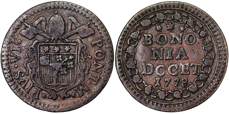 Pio VI (1775-1799), Bologna, Quattrino, 1778, Cu. 2,35 g, Berman 3083, F