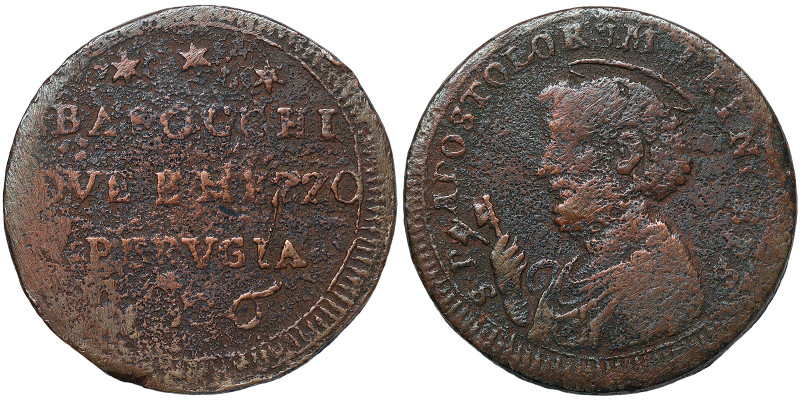 Pio VI (1775-1799), Perugia, Sampietrino da Due Baiocchi e Mezzo, 1796, Ae. 16,8...