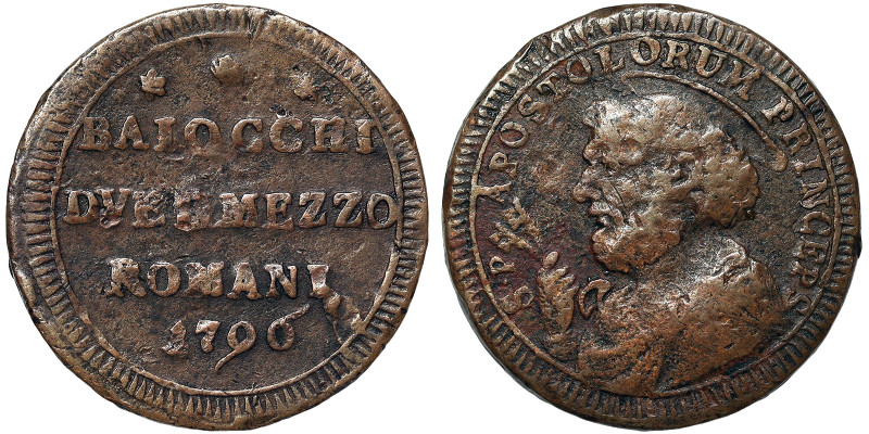 Pio VI (1775-1799), Rome, Sampietrino da Due Baiocchi e Mezzo, 1796, Rare, Ae. 1...