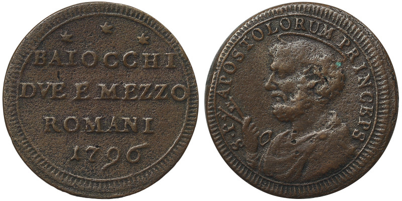 Pio VI (1775-1799), Rome, Sampietrino da Due Baiocchi e Mezzo, 1796, Rare, Ae. 1...