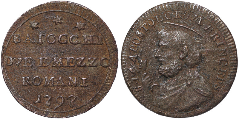 Pio VI (1775-1799), Rome, Sampietrino da Due Baiocchi e Mezzo, 1797, Rare, Ae. 1...