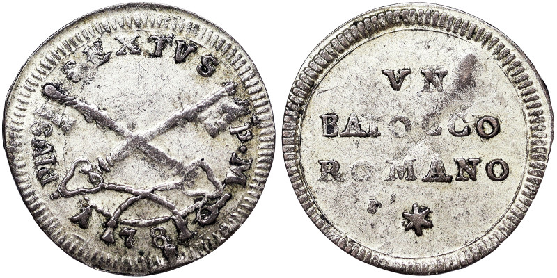 Pio VI (1775-1799), Rome, 1 Baiocco, 1780, Rare, Ag. 0,80 g, Muntoni 93, A.XF