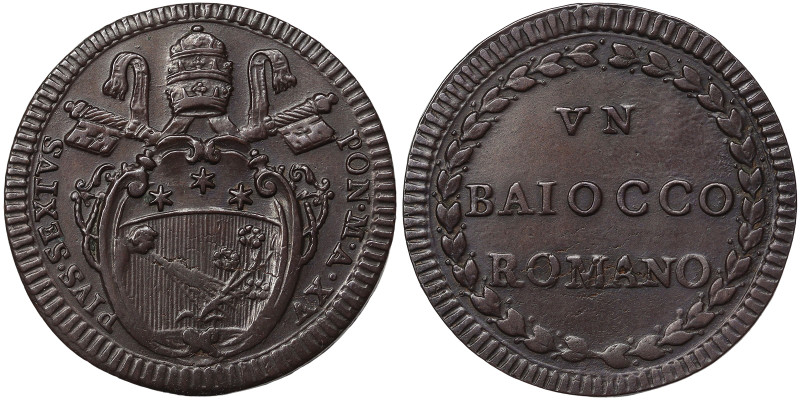 Pio VI (1775-1799), Rome, 1 Baiocco, 1789, Year XV. Ae. 11,75 g, Muntoni 128, XF