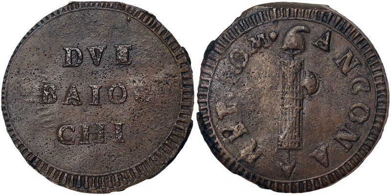 First Roman Republic (1798-1799), Ancona, 2 Baiocchi, n.d., Very rare, Cu. 18,15...