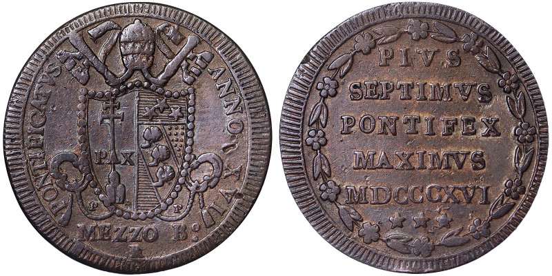 Pio VII (1800-1823), Rome, 1/2 Baiocco, 1816, Year XVI. Cu. 5,78 g, KM 1277, XF+