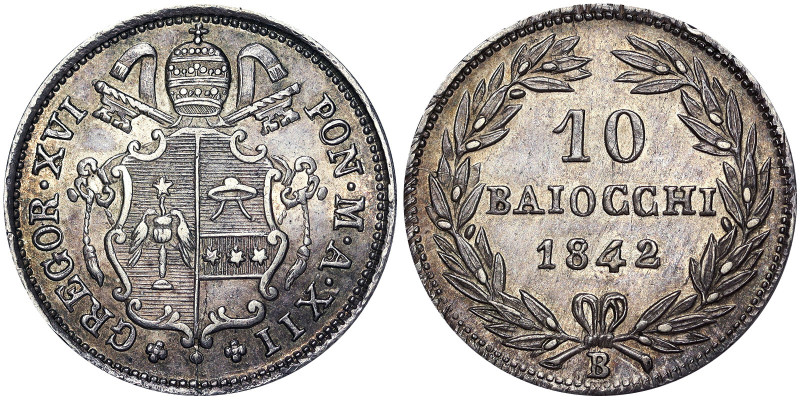 Gregorio XVI (1831-1846), Bologna, 10 Baiocchi, 1842, Very rare, Year XII. Ag. 2...