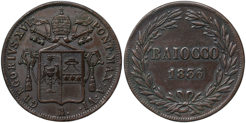 Gregorio XVI (1831-1846), Rome, 1 Baiocco, 1836, Year VI. Cu. 9,92 g, Gigante 15...