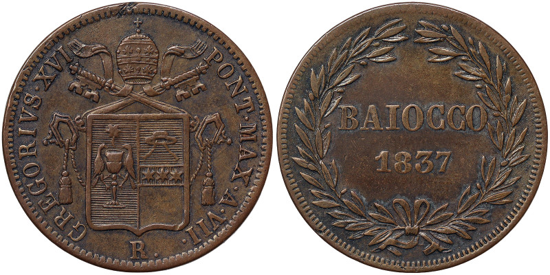 Gregorio XVI (1831-1846), Rome, 1 Baiocco, 1837, Year VII. Cu. 9,82 g, Gigante 1...