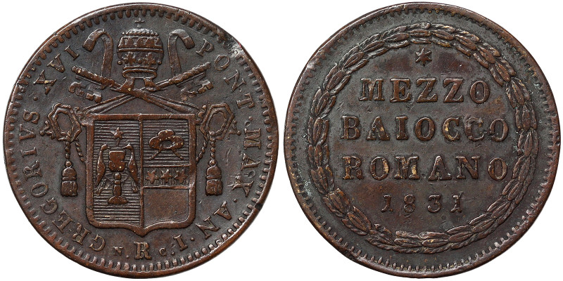 Gregorio XVI (1831-1846), Rome, 1/2 Baiocco, 1831, Rare, Year I. Cu. 5,45 g, Pag...