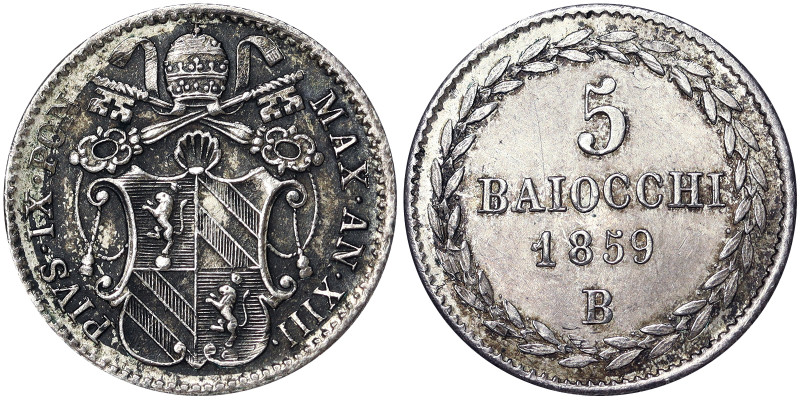 Pio IX (1846-1878), Bologna, 5 Baiocchi, 1859, Rare, Year XIII. Ag. 1,41 g, Paga...