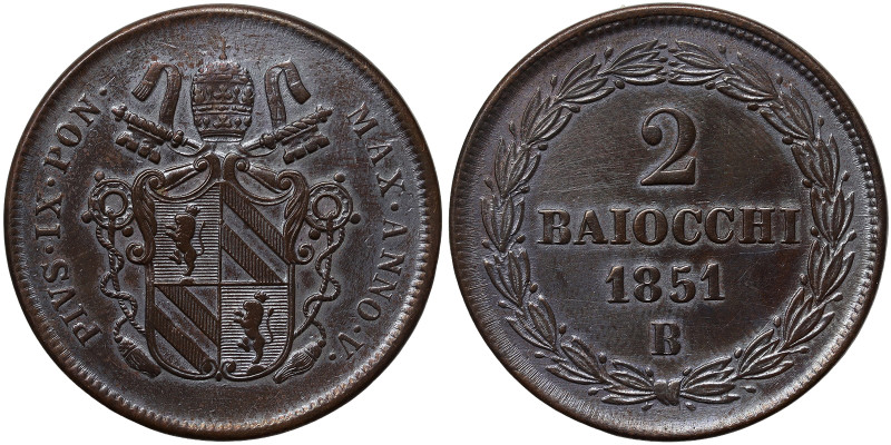 Pio IX (1846-1878), Bologna, 2 Baiocchi, 1851, Year V. Cu. 20,20 g, Gigante 200,...