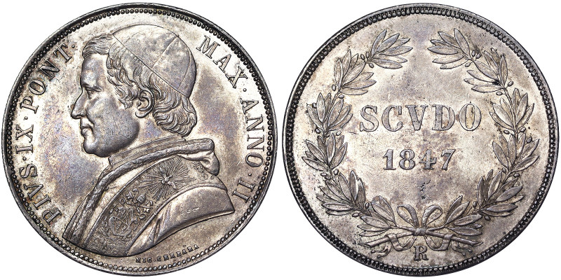 Pio IX (1846-1848), Rome, Scudo, 1847, Year II. Ag. 26,84 g, Pagani 310, XF+