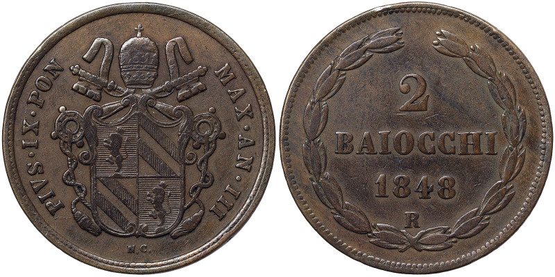 Pio IX (1846-1848), Rome, 2 Baiocchi, 1848, Rare, Year III. Cu. 20,17 g, Pagani ...