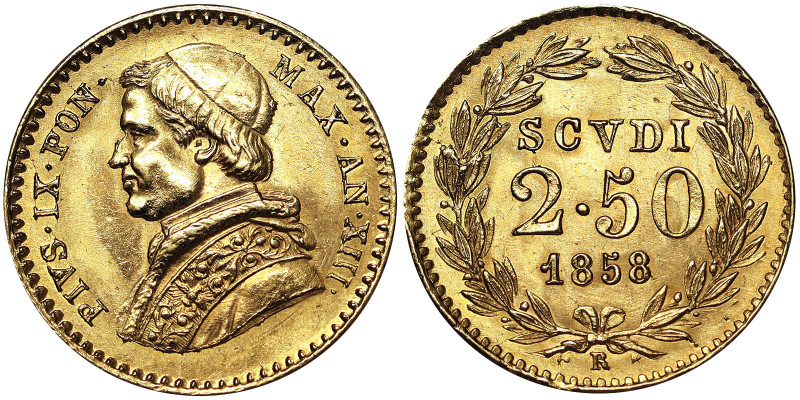 Pio IX (1849-1866), Rome, 2,50 Scudi, 1858, Year XIII. Au. 4,33 g, Pagani 365, X...