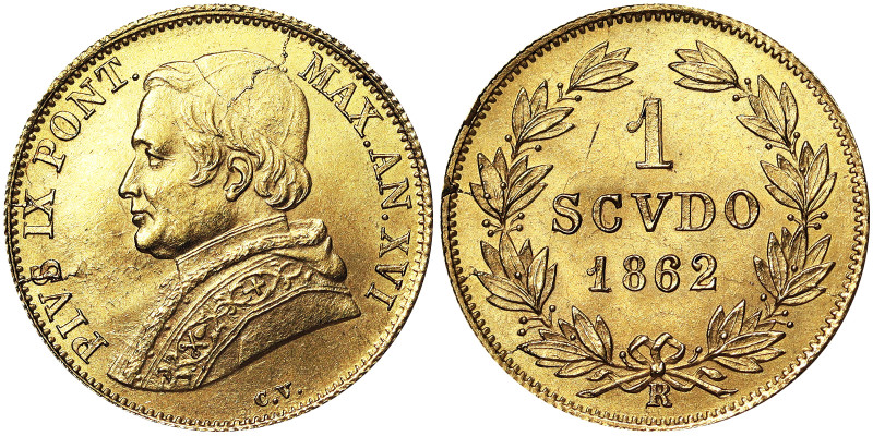 Pio IX (1849-1866), Rome, Scudo, 1862, Year XVI. Au. 1,73 g, Pagani 387, UNC