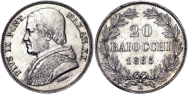 Pio IX (1849-1866), Rome, 20 Baiocchi, 1865, Year XX. Ag. 5,33 g, Pagani 427, XF...