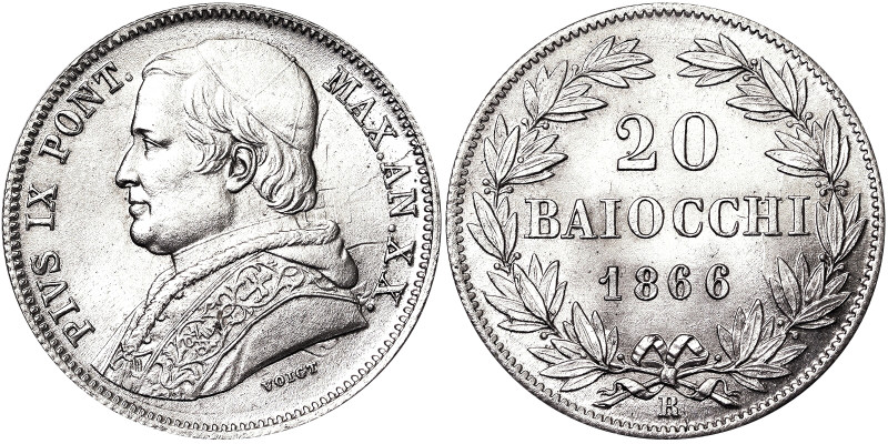 Pio IX (1849-1866), Rome, 20 Baiocchi, 1866, Year XX. Ag. 5,33 g, Pagani 428, XF...