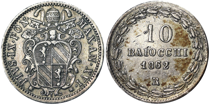 Pio IX (1849-1866), Rome, 10 Baiocchi, 1862, Year XVI. Ag. 2,68 g, Pagani 445, V...