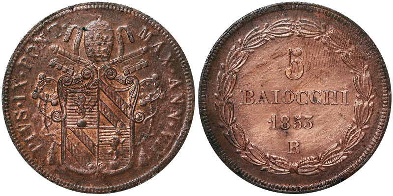 Pio IX (1849-1866), Rome, 5 Baiocchi, 1853, Year VII. Cu. 38,00 g, in this quali...