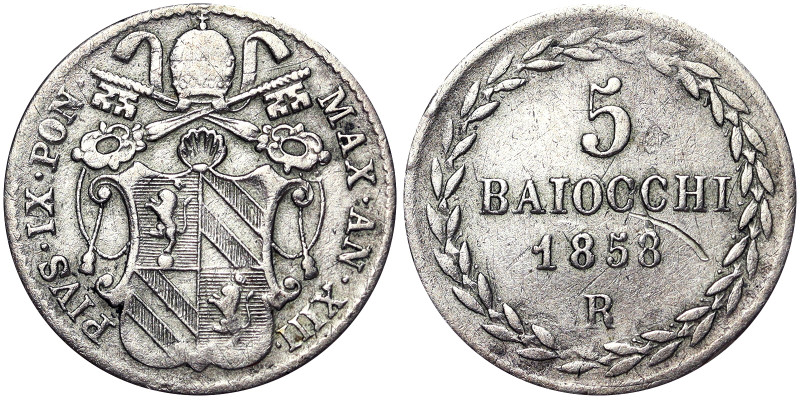 Pio IX (1849-1866), Rome, 5 Baiocchi, 1858, Year XIII. Ag. 1,34 g, Pagani 464, V...