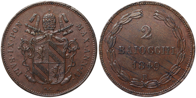 Pio IX (1849-1866), Rome, 2 Baiocchi, 1849, Year IV. Cu. 20,00 g, Pagani 488, XF