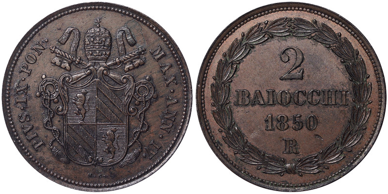 Pio IX (1849-1866), Rome, 2 Baiocchi, 1850, Year IV. Cu. 19,83 g, Pagani 489, A....