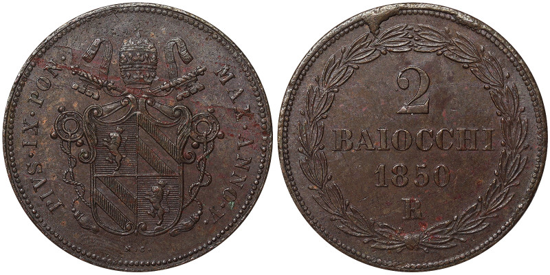 Pio IX (1849-1866), Rome, 2 Baiocchi, 1850, Year V. Cu. 19,77 g, Pagani 490, XF