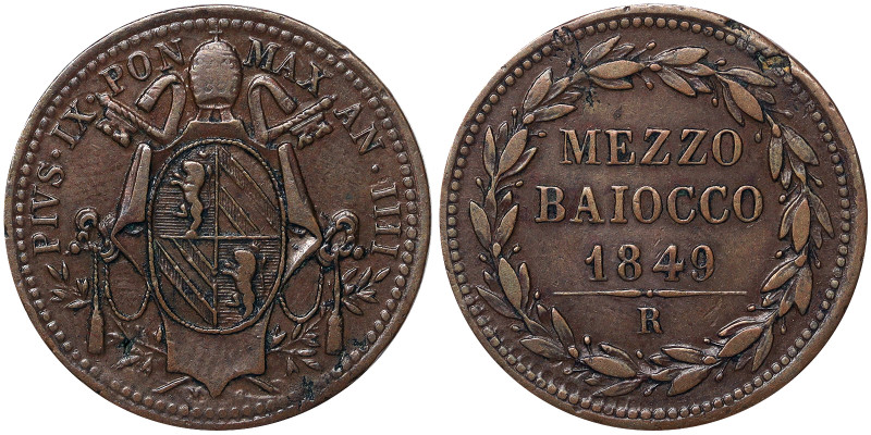 Pio IX (1849-1866), Rome, 1/2 Baiocco, 1849, Year IIII. Cu. 5,70 g, Gigante 242,...