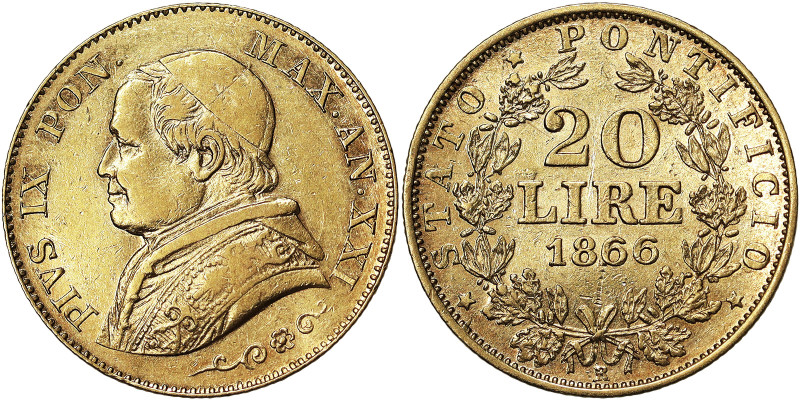 Pio IX (1866-1870), Rome, 20 Lire, 1866, Year XXI. Au. 6,45 g, Fr. 280, XF-